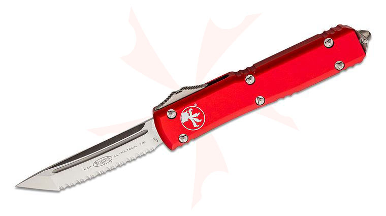 Microtech 123-6RD Ultratech AUTO OTF Knife 3.46 inch Satin Tanto Serrated Blade, Red Aluminum Handles