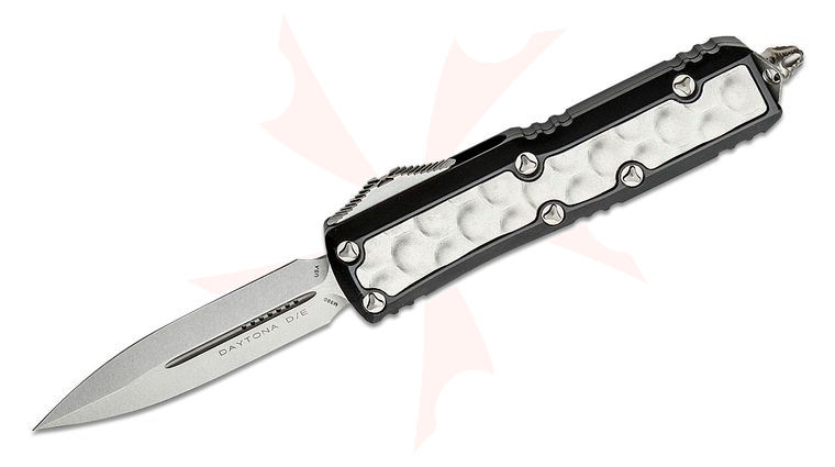 Microtech Signature Series Daytona AUTO OTF Knife 3.125 inch Stonewashed Double Edge Dagger Blade, Black Aluminum Handles with Bubble Titanium Inlays