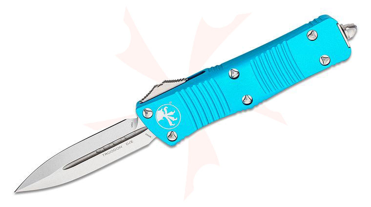 Microtech 138-10TQ Troodon AUTO OTF Knife 3.06 inch Stonewashed Double Edge Dagger Blade, Turquoise Aluminum Handle