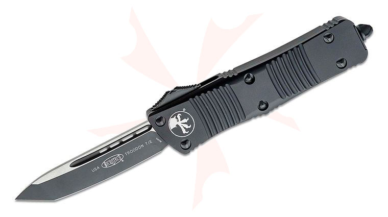 Microtech 140-1T Troodon Tactical AUTO OTF Knife 3.06 inch Black Tanto Plain Blade, Black Aluminum Handles