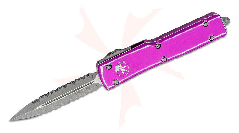 Microtech 147-D12DVI UTX-70 AUTO OTF Knife 2.41 inch Apocalyptic Double Serrated Edge Dagger Blade, Distressed Violet Aluminum Handles