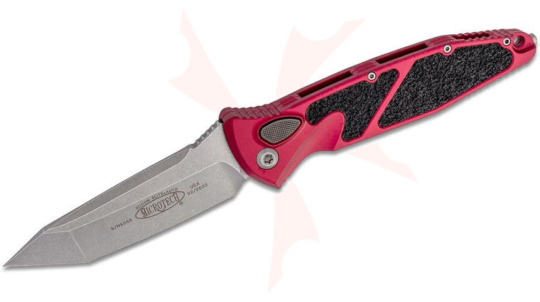 Microtech 161A-10RD Socom Elite AUTO Folding Knife 4.05 inch Stonewashed Tanto Plain Blade, Red Aluminum Handles