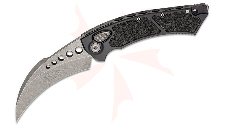 Microtech 166-10AP Hawk AUTO Folding Knife 3.95 inch Apocalyptic Karambit Blade, Black Aluminum Handles with Textured Inserts