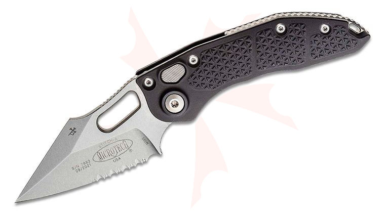 Microtech/Borka Blades 169-11 AUTO Stitch 3.625 inch Stonewashed Spear Point Combo Blade, Black Aluminum Handles