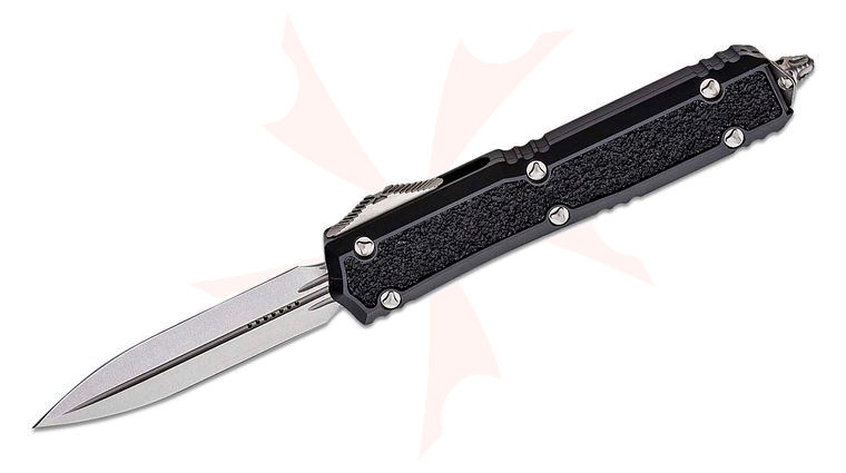 Microtech 206-10S Signature Series Makora OTF AUTO 3.3 inch Stonewashed Double Edge Dagger Blade, Black Aluminum Handles with Black Traction Inlays