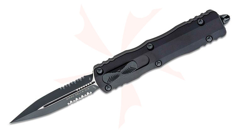 Microtech 227-2T Dirac Delta Tactical AUTO OTF Knife 3.79 inch Black Double Combo Edge Dagger Blade, Black Aluminum Handles