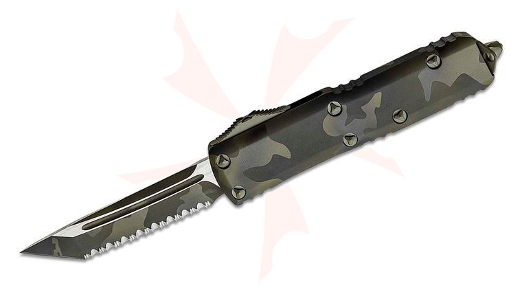 Microtech 233-3ODS Signature Series UTX-85 AUTO OTF 3 inch OD Green Camo Tanto Serrated Blade, OD Green Camo Aluminum Handles