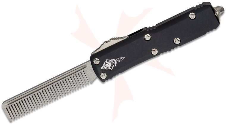 Microtech  inchMarfione Custom Knives inch UTX-85 OTF Knife Tactical Beard Comb 3.125 inch Fine Tooth Blade, Aluminum Handles, Nylon Pouch