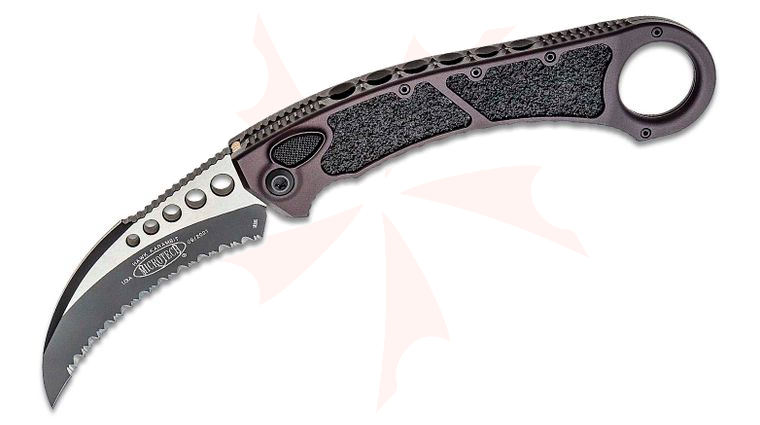 Microtech 266-3TPR Hawk Karambit Prototype #010 AUTO Folding Knife 3.95 inch M390 Black Serrated Blade, Black Aluminum Handles with Textured Inserts and Pinky Ring