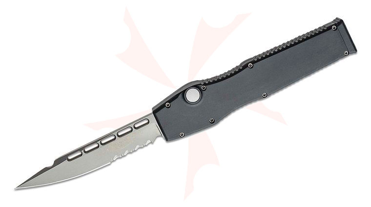 Microtech Vintage 4/98 Halo OTF AUTO 4 inch 154CM Blasted Clip Point Combo Blade, Black Aluminum Handles, Kydex Sheath