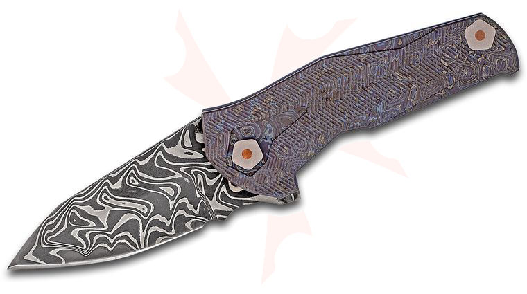 Mikkel Willumsen Custom Sugga Flipper Knife 3.5 inch Nichols XHP Core Boomerang Damascus Blade, Milled Mokuti and Blue Titanium Handles