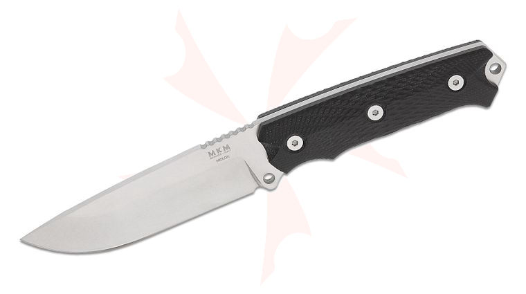 MKM Base Camp Fixed Blade Knife 4.81 inch Niolox Stonewashed Drop Point Blade, Black G10 Handles, Kydex Sheath