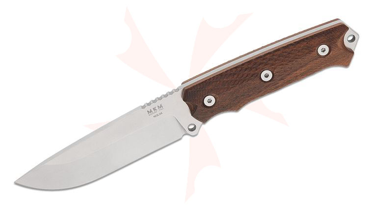 MKM Base Camp Fixed Blade Knife 4.81 inch Niolox Stonewashed Drop Point Blade, Santos Wood Handles, Kydex Sheath