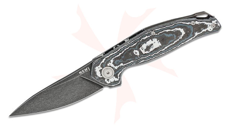 MKM Jens Anso Goccia Flipper Knife 3.35 inch M390 Black Stonewashed Drop Point Blade, 3D Machined White Storm Carbon Fiber Handles with Black Stonewashed Backspacer