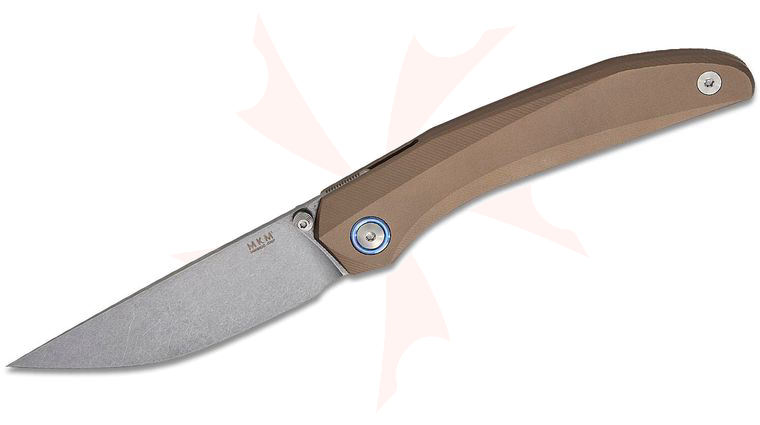 MKM Viper Detonario Liner Lock Front Flipper Knife 3.31 inch M390 Stonewashed Modified Straight Back Blade, Milled Gunmetal Bronze Aluminum Handles