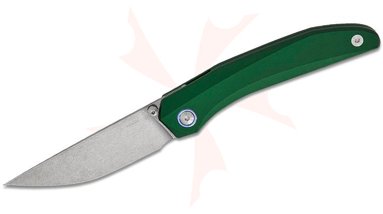 MKM Viper Detonario Liner Lock Front Flipper Knife 3.31 inch M390 Stonewashed Modified Straight Back Blade, Milled Green Aluminum Handles