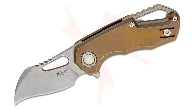 MKM FOX Knives Jesper Voxnaes Isonzo Flipper Knife 2.25 inch M390 Stonewashed Hawkbill Blade, Bronze Titanium Handles