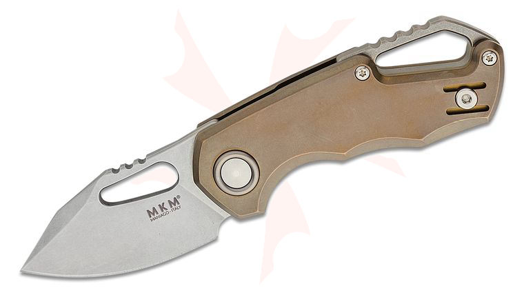 MKM FOX Knives Jesper Voxnaes Isonzo Flipper Knife 2.25 inch M390 Stonewashed Clip Point Blade, Bronze Titanium Handles