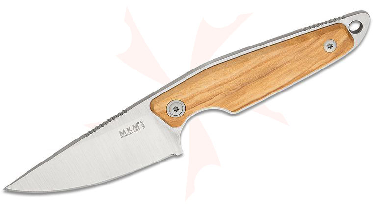 MKM Knives Jesper Voxnaes Makro 1 Fixed Blade 2.91 inch M390 Stonewashed Drop Point Blade, Olive Wood Handles, Leather Sheath