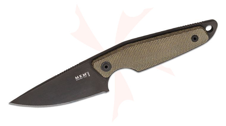 MKM Knives Jesper Voxnaes Makro 1 Fixed Blade 2.91 inch M390 Black Drop Point Blade, Green Canvas Micarta Handles, Leather Sheath
