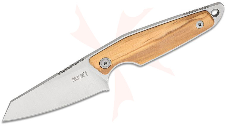 MKM Knives Jesper Voxnaes Makro 2 Fixed Blade 2.91 inch M390 Stonewashed Sheepsfoot Blade, Olive Wood Handles, Leather Sheath