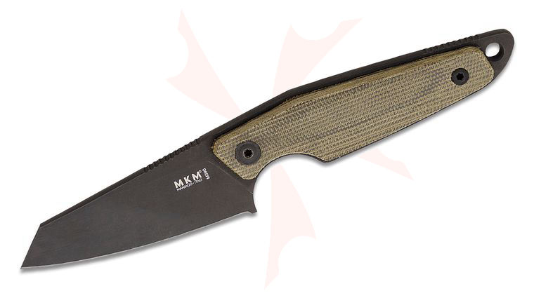 MKM Knives Jesper Voxnaes Makro 2 Fixed Blade 2.91 inch M390 Black Sheepsfoot Blade, Green Canvas Micarta Handles, Leather Sheath