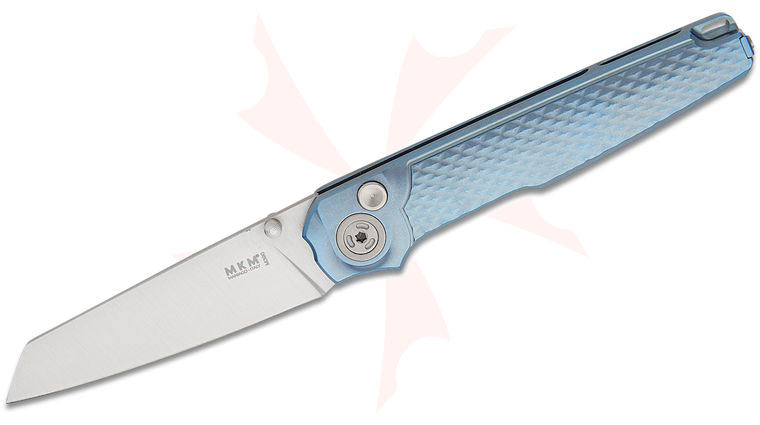 MKM LionSteel Simone Tonolli Miura Button Lock Folding Knife 2.72 inch M390 Satin Reverse Tanto Blade, Blue 3D Machined Integral Titanium Handles