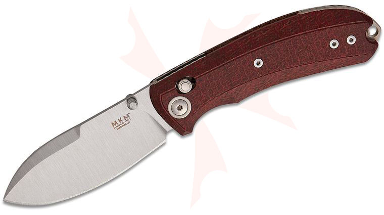 MKM Knives DCA Bolero Crossbar Lock Folding Knife 3 inch MagnaCut Satin Nessmuk Blade, Red Burlap Micarta Handles - KnifeCenter Exclusive