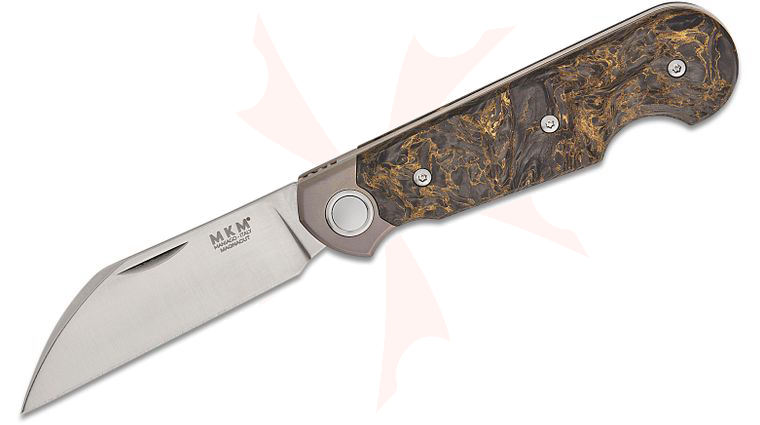 MKM Knives Jesper Voxnaes Jaques Slipjoint Folding Knife 2.69 inch CPM-MagnaCut Satin Wharncliffe Blade, Gold Dark Matter FatCarbon Handles with Titanium Bolsters