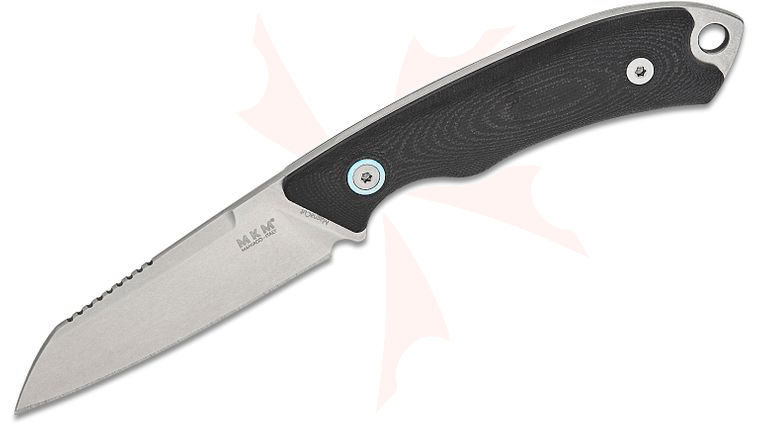 MKM Knives DCA Pocket Tango 2 Fixed Blade 2.91 inch MagnaCut Stonewashed Reverse Tanto Blade, Black G10 Handles, Leather Sheath