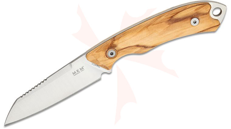 MKM Knives DCA Pocket Tango 2 Fixed Blade 2.91 inch MagnaCut Satin Reverse Tanto Blade, Olive Wood Handles, Leather Sheath