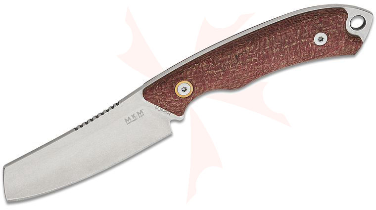 MKM Knives DCA Pocket Tango 3 Fixed Blade 2.91 inch MagnaCut Stonewashed Sheepsfoot Blade, Red Burlap Micarta Handles, Leather Sheath - KnifeCenter Exclusive