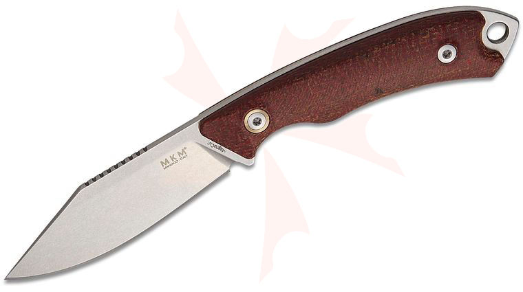MKM Knives DCA Pocket Tango 4 Fixed Blade 2.91 inch MagnaCut Stonewashed Clip Point Blade, Red Burlap Micarta Handles, Leather Sheath - KnifeCenter Exclusive