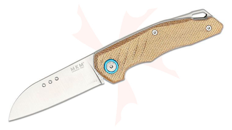 MKM Knives Jens Anso Root Slipjoint Folding Knife 2.8 inch M390 Satin Sheepsfoot Blade, Natural Canvas Micarta Handles, Leather Sheath