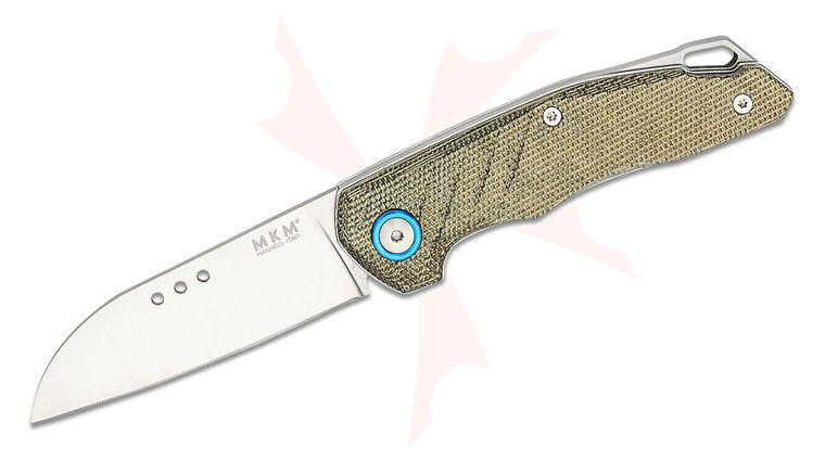 MKM Knives Jens Anso Root Slipjoint Folding Knife 2.8 inch M390 Satin Sheepsfoot Blade, Green Canvas Micarta Handles, Leather Sheath