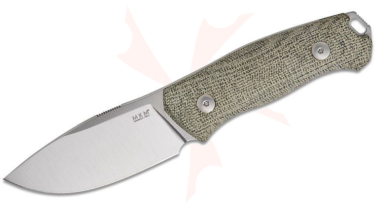 MKM Knives Jesper Voxnaes Small Lov Fixed Blade Knife 2.91 inch M390 Satin Drop Point Blade, Green Canvas Micarta Handles, Leather Sheath