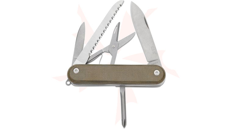 MKM Knives Malga 5 Multi-Tool Folding Knife 2.64 inch CPM-MagnaCut Stonewashed Pen Blade, Green Canvas Micarta Handles