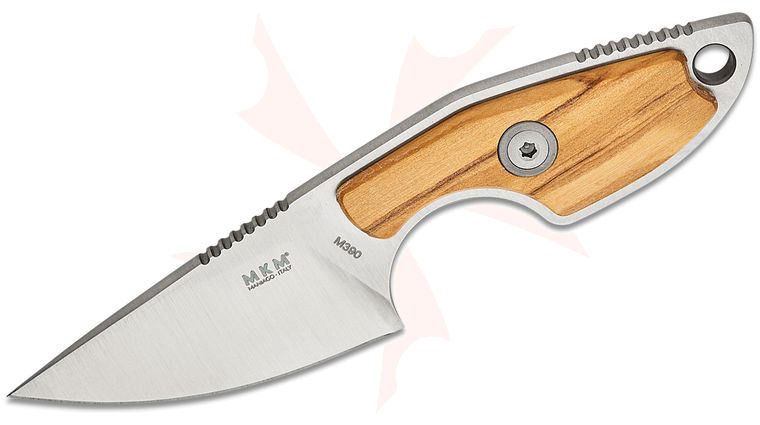 MKM Knives Jesper Voxnaes Mikro 1 Fixed Blade Neck Knife 1.97 inch M390 Stonewashed Drop Point Blade, Olive Wood Handles, Leather Sheath