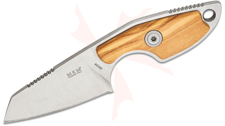 MKM Knives Jesper Voxnaes Mikro 2 Fixed Blade Neck Knife 1.97 inch M390 Stonewashed Sheepsfoot Blade, Olive Wood Handles, Leather Sheath