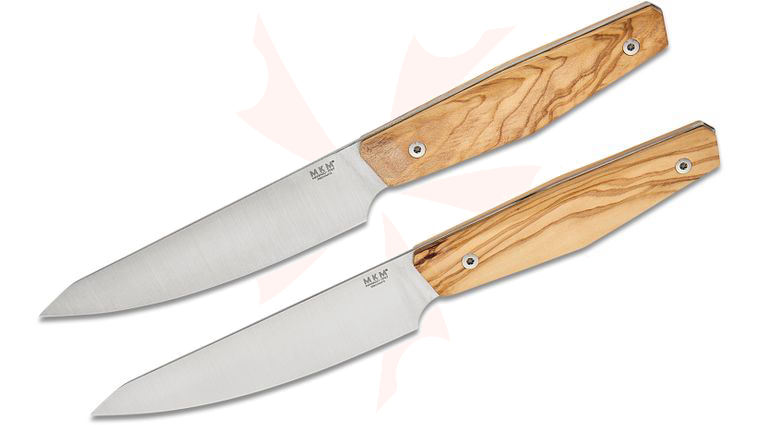 MKM Jens Anso Prima Kitchen 2-Piece Steak Knife Set 4.63 inch X50CrMoV15 Satin Utility Blade, Milled Olive Wood Handles
