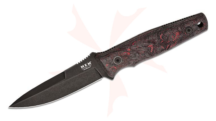MKM Bob Terzuola TPF Defense Fixed Blade Knife 3.27 inch CPM-MagnaCut Dark Stonewashed Drop Point Blade, Milled Red Dark Matter FatCarbon Handles, Magnetic Leather Sheath