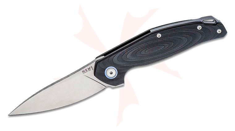 MKM Jens Anso Goccia Flipper Knife 3.35 inch M390 Satin Drop Point Blade, Black G10 Handles with Blue Backspacer
