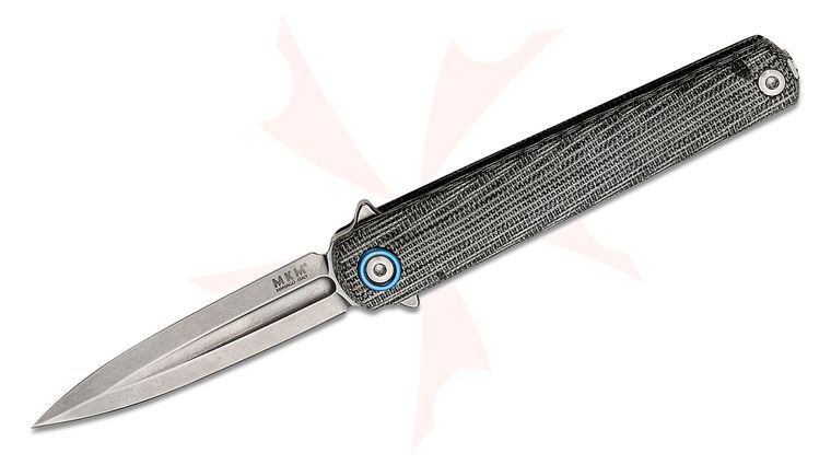 MKM Zieba Flame Light Executive Flipper Knife 2.83 inch M390 Stonewashed Dagger Blade, Black Canvas Micarta