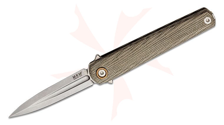 MKM Zieba Flame Light Executive Flipper Knife 2.83 inch M390 Stonewashed Dagger Blade, Green Canvas Micarta
