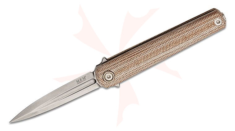 MKM Zieba Flame Light Executive Flipper Knife 2.83 inch M390 Stonewashed Dagger Blade, Natural Canvas Micarta