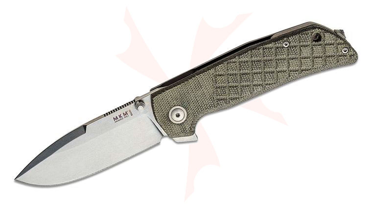 MKM Knives Bob Terzuola Maximo Flipper Knife 3.23 inch M390 Stonewashed Blade, Machined Green Canvas Micarta and Bead Blasted Titanium Handles