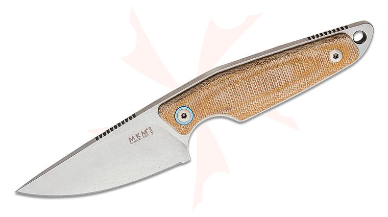 MKM Knives Jesper Voxnaes Makro 1 Fixed Blade 2.91 inch M390 Stonewashed Drop Point Blade, Natural Canvas Micarta Handles, Leather Sheath