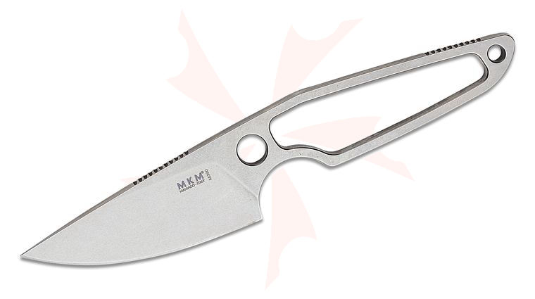 MKM Knives Jesper Voxnaes Makro 1 Fixed Blade 2.91 inch M390 Stonewashed Drop Point Blade, Skeletonized Handles, Leather Sheath