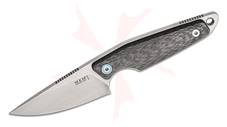 MKM Knives Jesper Voxnaes Makro 1 Fixed Blade 2.91 inch M390 Stonewashed Drop Point Blade, Carbon Fiber Handles, Leather Sheath