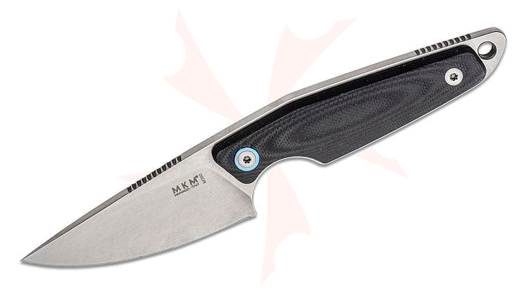 MKM Knives Jesper Voxnaes Makro 1 Fixed Blade 2.91 inch M390 Stonewashed Drop Point Blade, Black G10 Handles, Leather Sheath